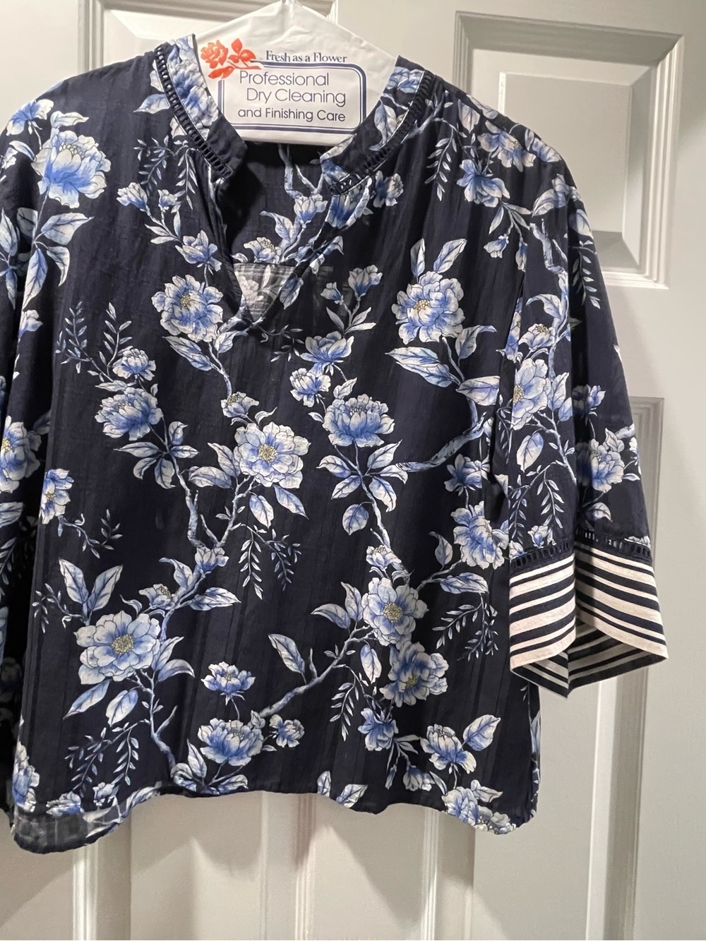 Johnny Was Navy Floral Short-Sleeve Blouse with Blue Flowers